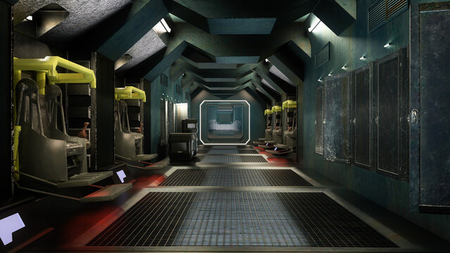 Dark moody futuristic science fiction fantasy space ship interior. 3D rendering.