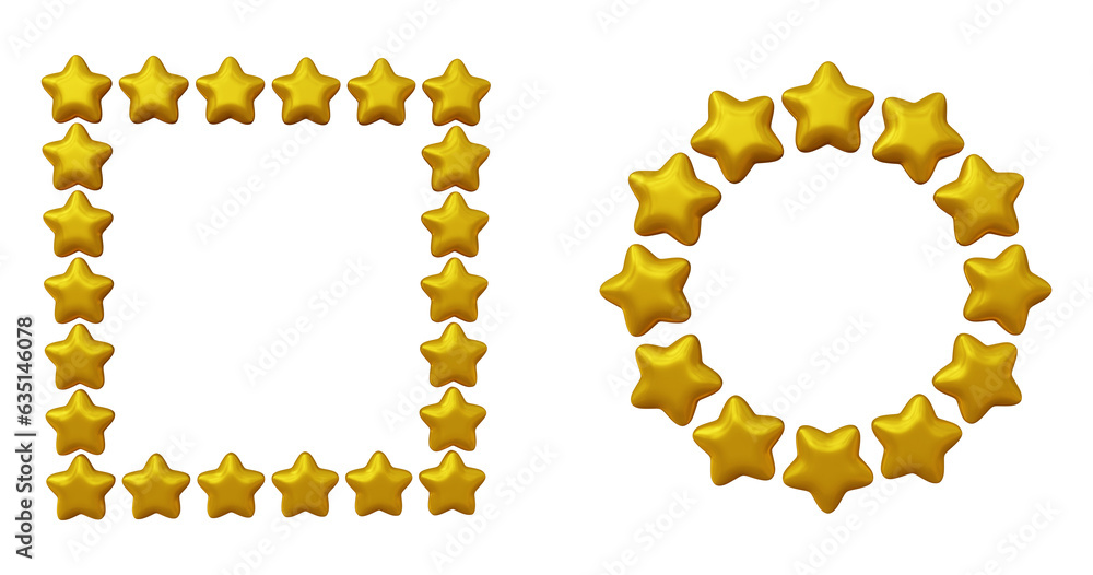 Poster set of golden frames design with stars shapes isolated on transparent background in 3d rendering.