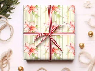 Vintage wrapped gift with red and white striped bow.  Floral pink and green wrapped gift on a pink background.  