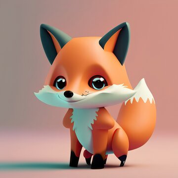 Cute cartoon fox with big eyes. 3d render illustration.