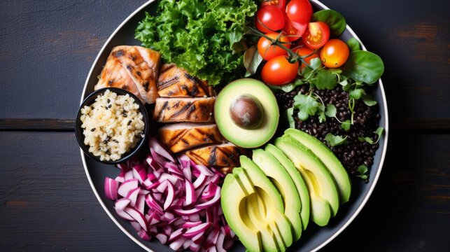 A balanced plate of food with lean proteins, whole grains, colorful vegetables, and healthy fats. AI generated
