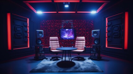 The modern podcast and streaming studio with led panels background for working and recording.