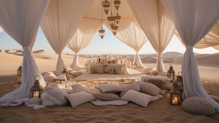 Beautiful romantic white tent in the desert, carpet in front of the tent, rest, relax. AI generative.