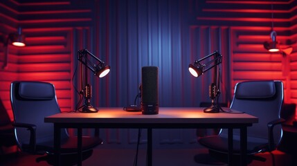 The modern podcast and streaming studio with led panels background for working and recording.