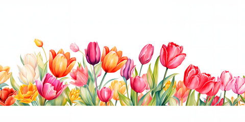 Tulip border isolated, Springtime Blossoms of Colorful Tulip Garden Illustration with Vibrant Flowers and Green Leaves