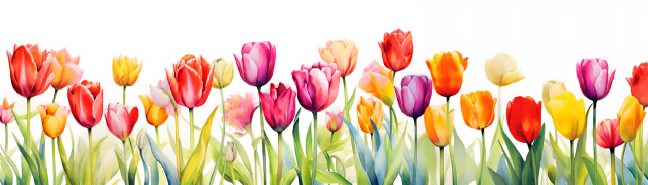 Tulip border isolated, Springtime Blossoms of Colorful Tulip Garden Illustration with Vibrant Flowers and Green Leaves