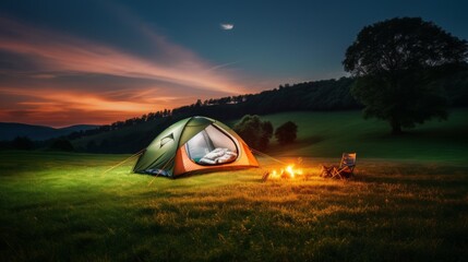 Camping tent with placed on green meads with lights AI generative.