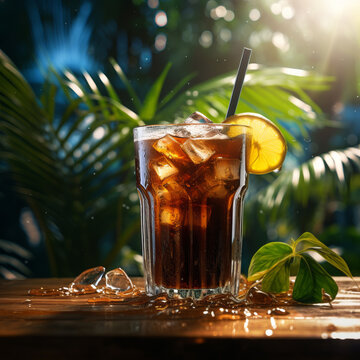 Fresh cuba libre cocktail with  rum and cola cocktail in glass with a lime and mint on a dark mystical background.