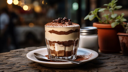 Classic tiramisu in a glass jar in Italian cafe. Traditioanal italian dessert.