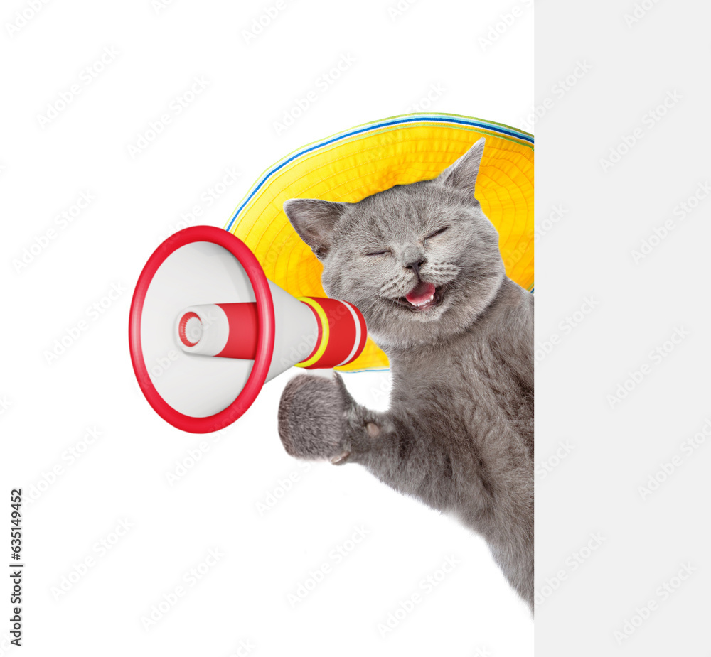 Poster happy cat wearing summer hat talks into megaphone and looks from behind empty white banner. isolated
