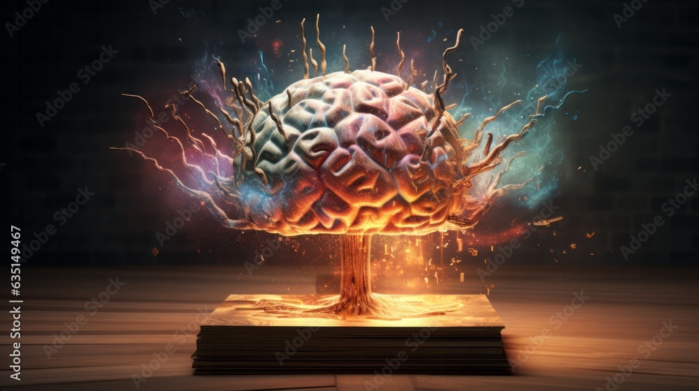 Poster Concept art of a human brain exploding with knowledge and creativity from inside book. Brain tree. Generative AI
