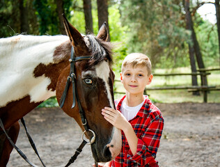 little handsome blonde smiling  boy  in red checkered shirt hugging  horse in green forest on sunny day 