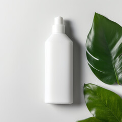 Blank plastic cosmetics container for cream or shampoo. Cosmetics bottle mockup with tropical leaves.