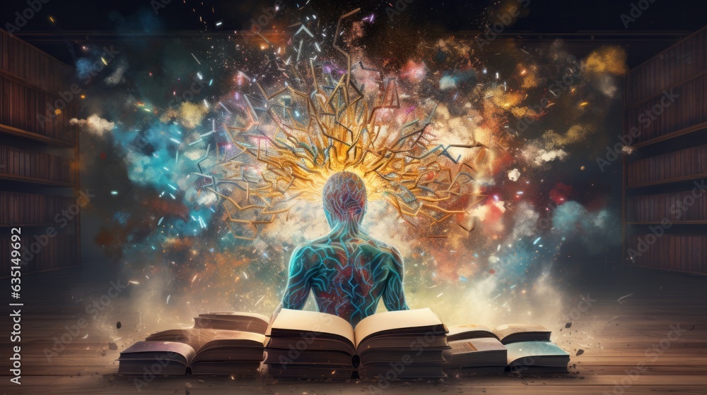 Poster concept art of a human brain exploding with knowledge and creativity from inside book. brain tree. g