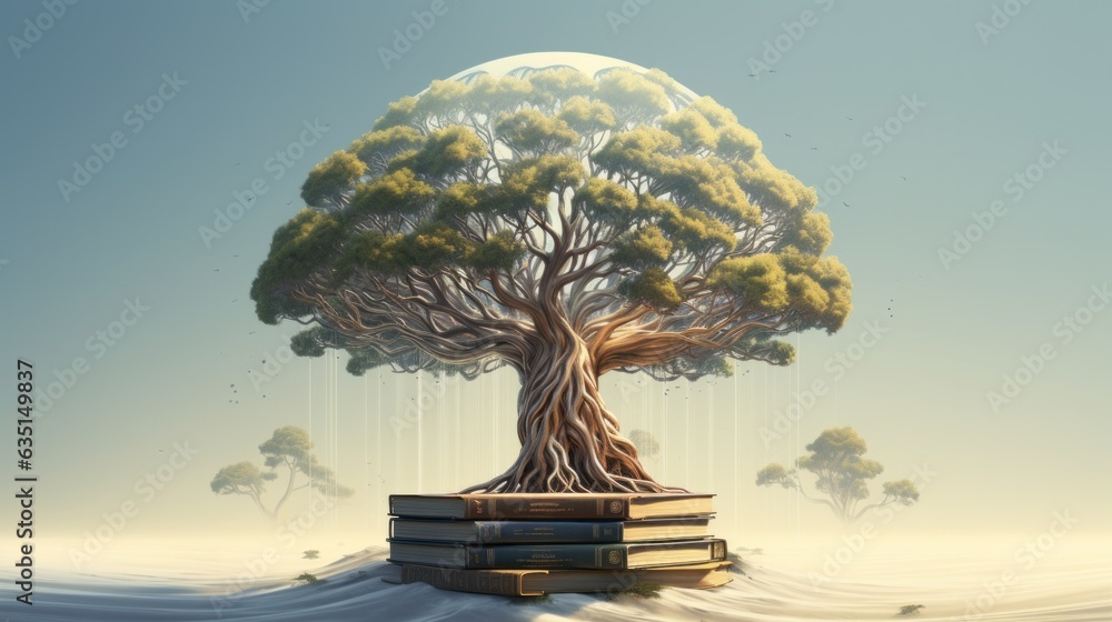 Poster concept art of a human brain exploding with knowledge and creativity from inside book. brain tree. g