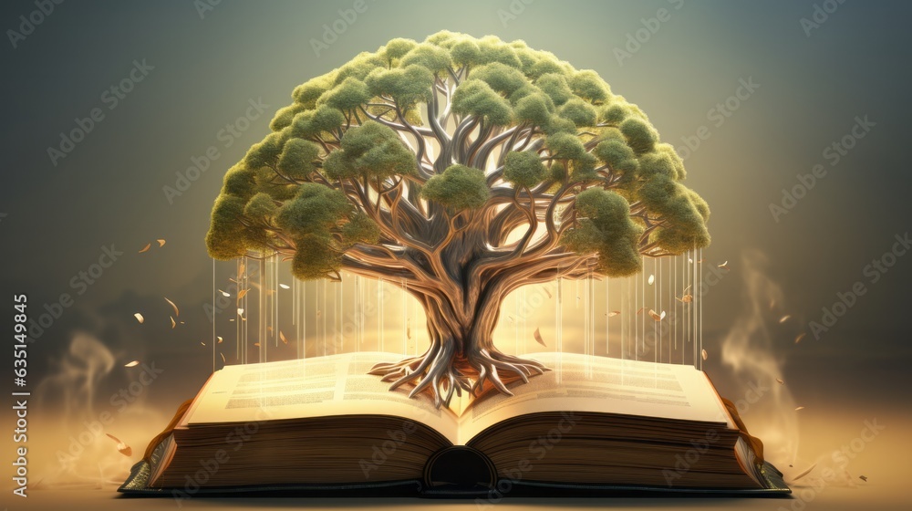 Poster concept art of a human brain exploding with knowledge and creativity from inside book. brain tree. g