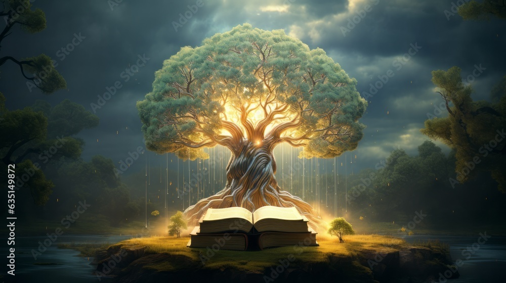 Poster concept art of a human brain exploding with knowledge and creativity from inside book. brain tree. g