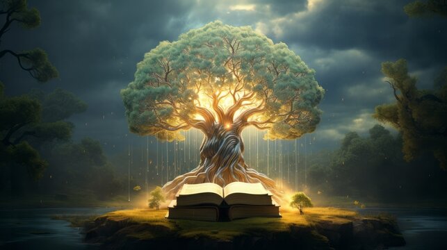 Concept art of a human brain exploding with knowledge and creativity from inside book. Brain tree. Generative AI