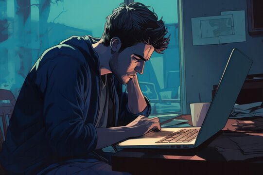 tense frustrated guy with laptop working from home on blue Monday flat illustration. Depressing day at work. Burn out and stress at workplace. Mental health awareness.