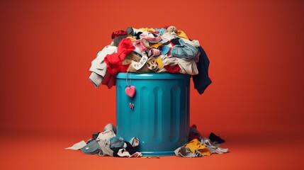 Fast fashion concept with a trash can full of clothes. AI generative. - obrazy, fototapety, plakaty