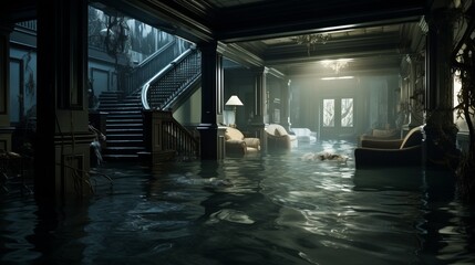 flooded house with rooms full of water. generative ai