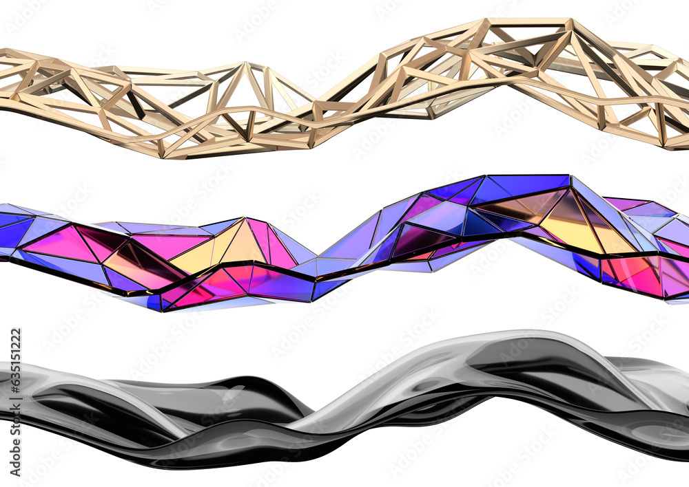 Poster set of abstract wavy structures, 3d render