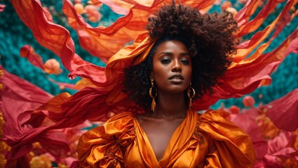 A woman in an orange dress with a red scarf around her neck