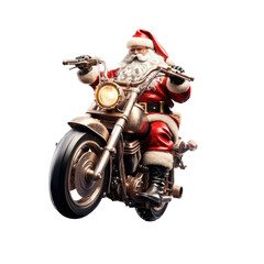Fototapeta premium Santa Claus riding a motorcycle in a Christmas-themed, photorealistic illustration in a transparent PNG, cutout, and isolated. generative ai