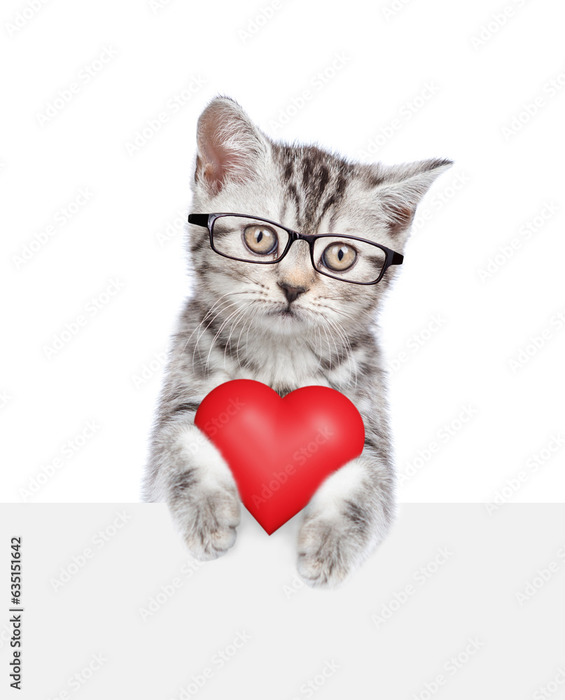 Aufkleber cat wearing eyeglasses holds red heart above empty white banner. isolated on white background