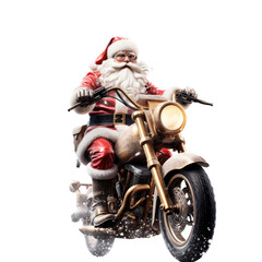 Santa Claus riding on a motorcycle 3/4 view in a Holiday-Themed, photorealistic illustration in a PNG, cutout, and isolated. generative AI