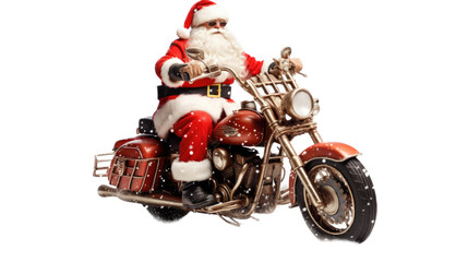 Santa Claus riding on a motorcycle 3/4 view in a Holiday-Themed, photorealistic illustration in a PNG, cutout, and isolated. generative AI