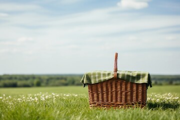 Weekend Family Picnic Basket in a Green Field, Generative Ai