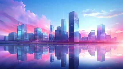 The modern buildings have colored gradient glass walls with a lake in front.Futuristic illustration of future technologies