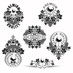 Collection of stencils with inscriptions for wine and winemaking. Black and white design template with grapes, vector clipart.
