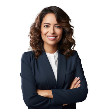 Business woman portrait isolated on white transparent background, businesswoman in suit, crossed arms, PNG