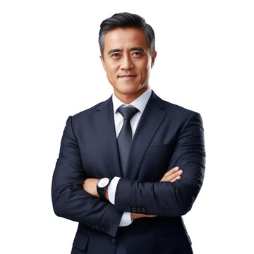 Business Man Portrait Isolated On White Transparent Background, Asian Businessman In Suit And Tie, Crossed Arms, PNG