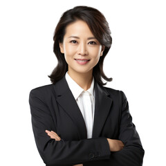Business woman portrait isolated on white transparent background, Asian businesswoman in suit, crossed arms, PNG