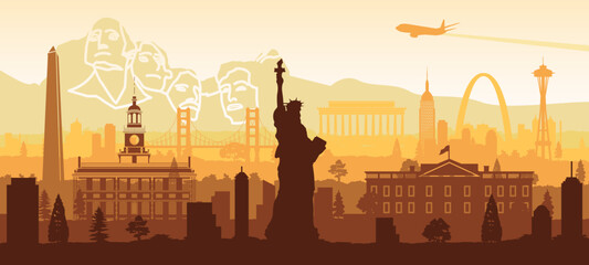 USA famous landmarks silhouette style with yellow and white color,vector illustration