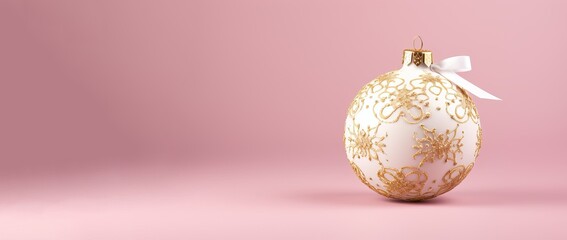 White christmas bauble with golden pattern isolated  on pink background.With copy space.