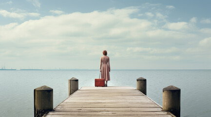 Frau mit Koffer am Meer - obrazy, fototapety, plakaty