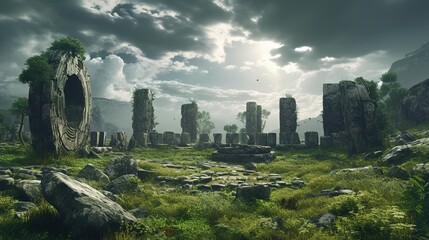 The ruins of the stones, around the green jungle under the sky with gray clouds 3d illustration