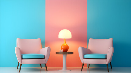Unique Modern Table Chairs Interior Design. Pink Blue chair with Cushion. Blue Pink Background.