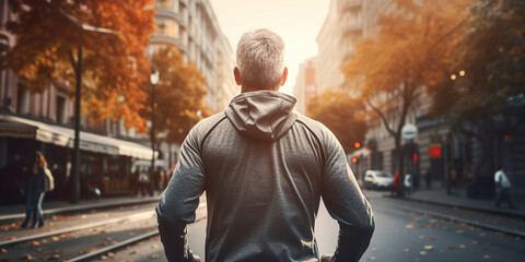 An active man jogging outdoors in the autumn season, staying healthy and fit.