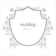 Wedding Crest with Flowers. Line Art Illustration.