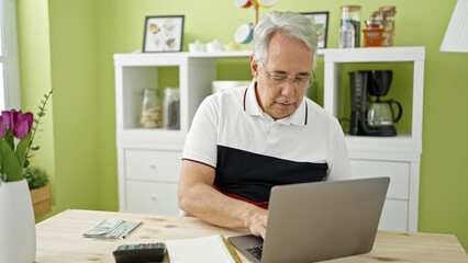 Fototapeta na wymiar Middle age man with grey hair using laptop and calculator at dinning room