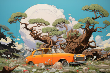 Fantasy landscape with plastic, trees, car and moon. 3d illustration. Recycle, Save the planet