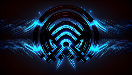 Fototapeta premium Connection symbol, wifi, blue neon light, digital illustration, Ai generated image