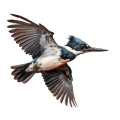 Fototapeta premium a belted kingfisher (Megaceryie alcyon) in flight, side view in a Nature-themed, photorealistic illustration in a PNG, cutout, and isolated. Generative AI