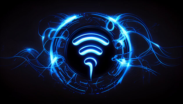 Connection symbol, wifi, blue neon light, digital illustration, Ai generated image