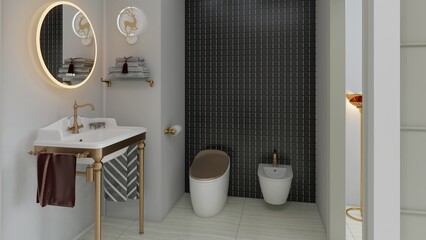 black and white elegant toilet with golden additions with a bidet